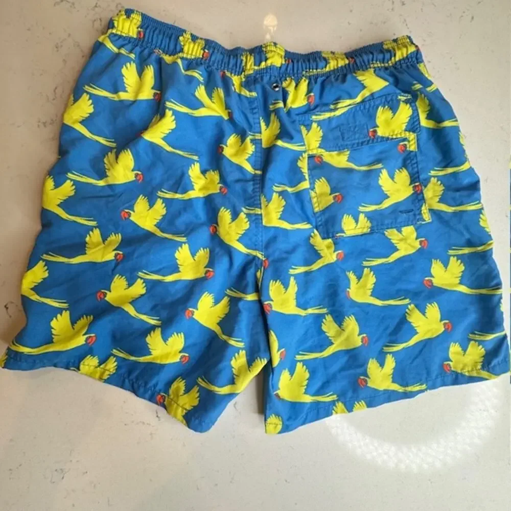 Tom & Teddy Flying Parrots Swim Shorts Men’s M Blue Yellow UPF 50 Mesh Lined